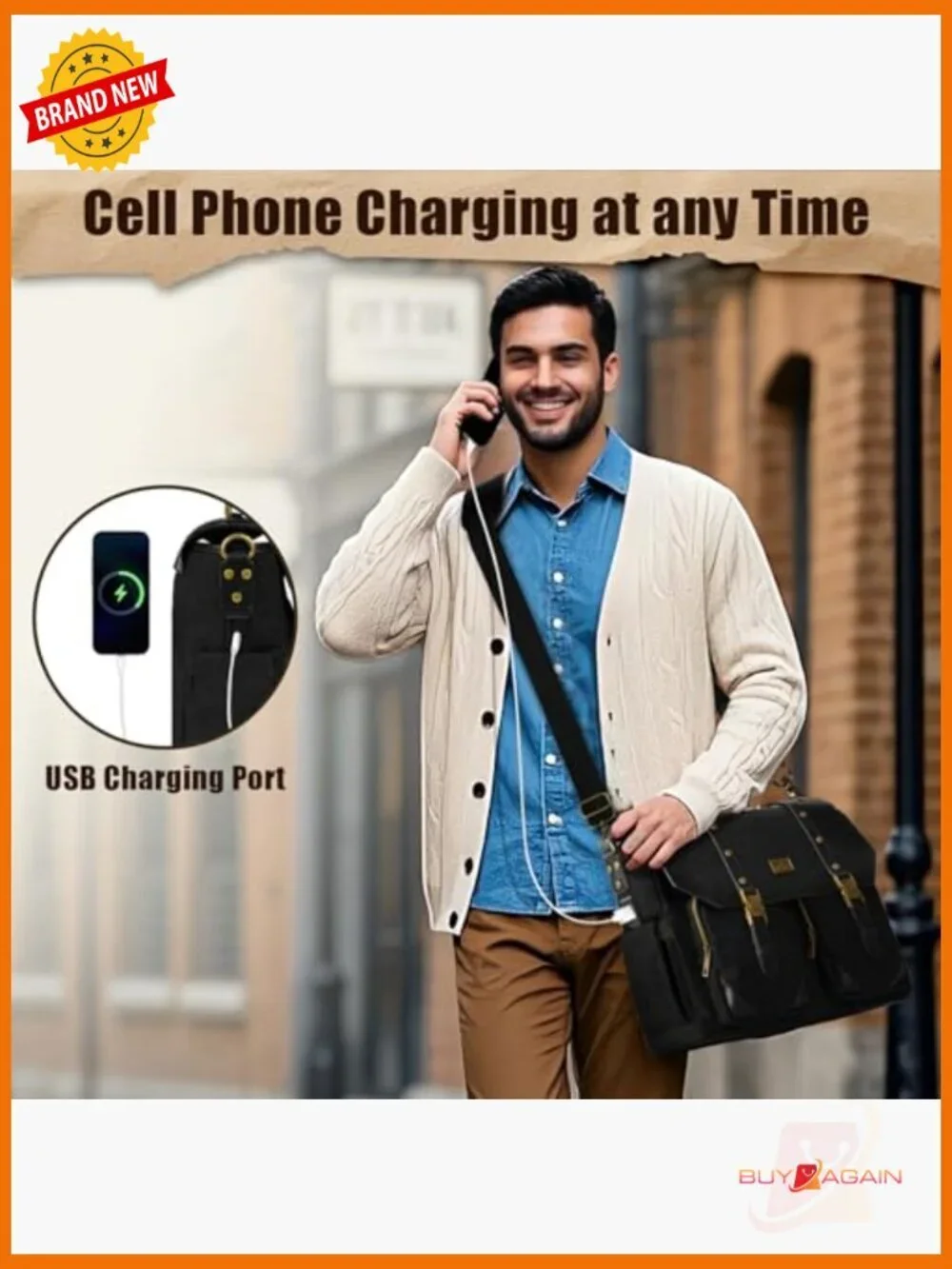 Canvas Work Bag with USB Charging Port & RFID Blocking, 15.6 Inch Laptop